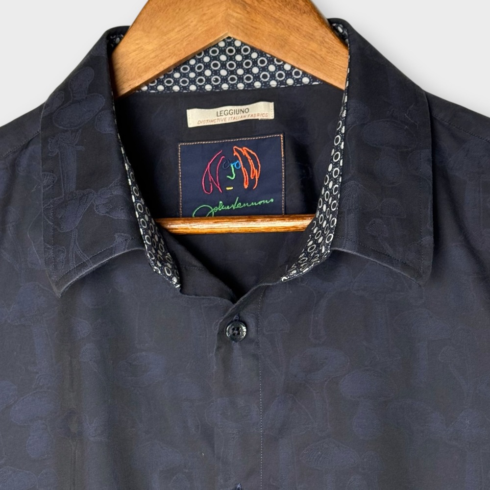John Lennon Flip Cuff Mushroom Print Blue Button Up Shirt Long Sleeve Cotton XL - Picture 6 of 13